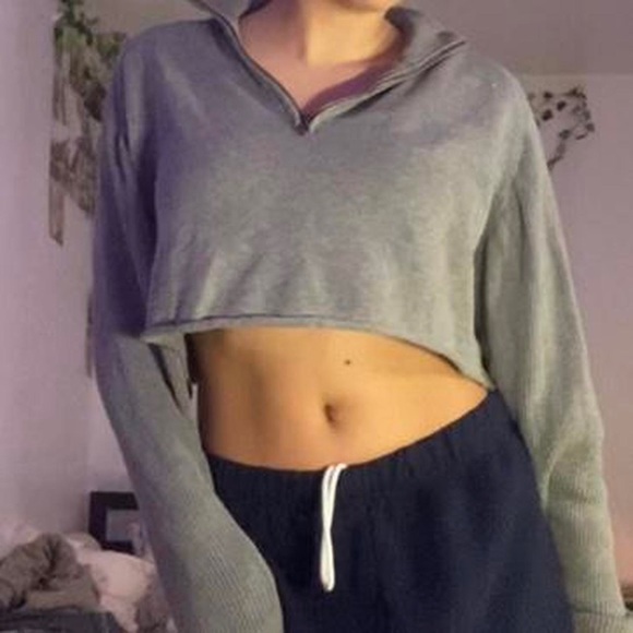 Vintage Cropped Collared Quarter Zip Oversized Long Sleeve Gray Pullover Sweater - Picture 2 of 4